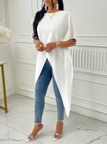 SHEIN LUNE Blusa unicolor cruzado delantero de manga murciélago bajo asimétrico - Blanco - Ver 5