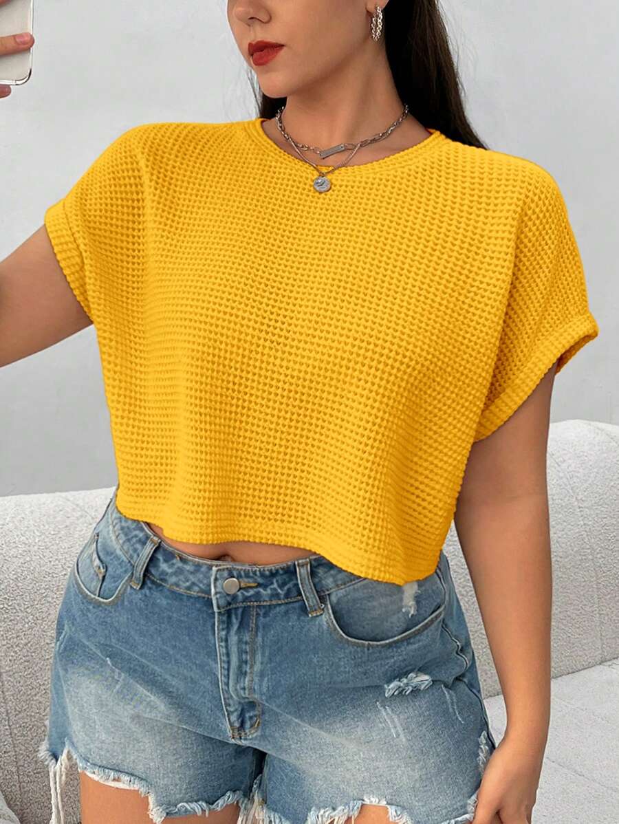 SHEIN EZwear Áo thun ngắn tay dệt kim màu be thời trang dành cho nữ Plus Size - Màu vàng - Xem 1