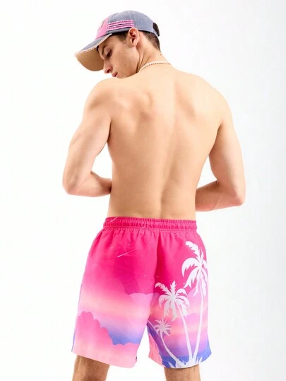 Men's Coconut Tree Printed Gradient Beach Shorts For Vacation And Leisure