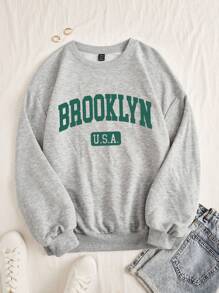 SHEIN EZwear Casual Sporty Letter Printed Flower Grey Round Neck Loose Plus Size Sweatshirt, Autumn And Winter Fall