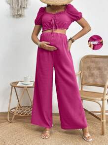 SHEIN 孕婦女士純色簡單短袖上衣和長褲套裝 - 玫紅色 - 查看 1