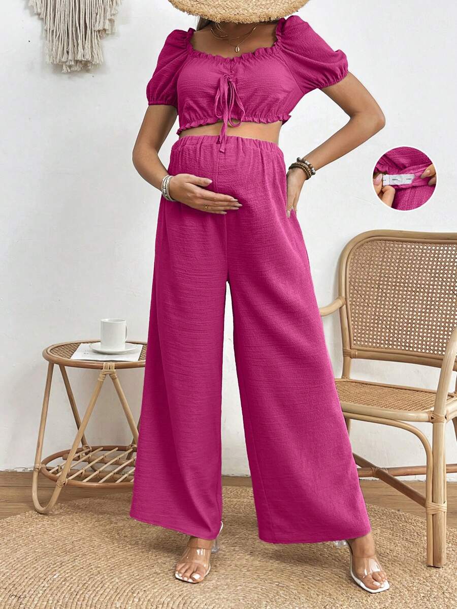 SHEIN 孕婦女士純色簡單短袖上衣和長褲套裝 - 玫紅色 - 查看 1