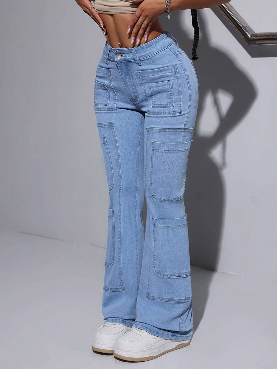 SHEIN ICON Women Multi-Pocket Flare Jeans With Stone Washed Effect - Light Wash - View 1
