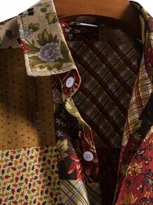 Men's Patchwork Print Short Sleeve Casual Shirt, Summer