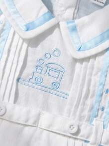 SHEIN Summer Pure Cotton Embroidered Ha-Yi Bodysuit For Baby Girls, British Style, Breathable, Simple Bamboo Joint Design, Cute Blue Embroidery And Woven Belt