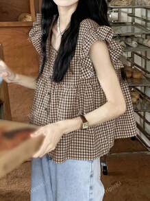 Casual Summer Gingham Check Ruffle Hem Shirt