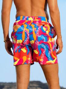 Surfspeed Men's Fashionable Loose Asymmetric Printed Vacation Style Summer Beach Shorts Swim Trunks