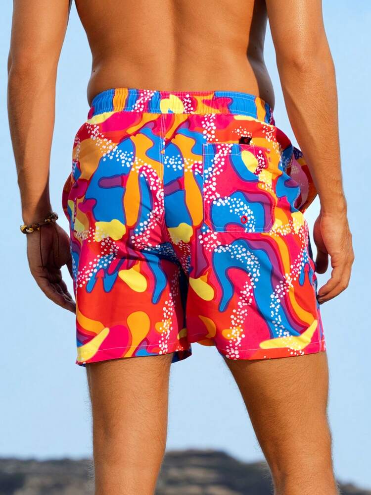 Men's Fashionable Loose Asymmetric Printed Vacation Style Summer Beach Shorts Swim Trunks