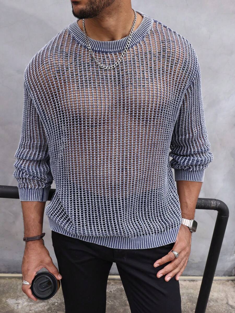 Manfinity Homme Men's Plus Size Loose Hollow Out Sweater With Round Neckline And Drop Shoulder Design - Blue - View 1