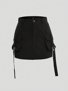 SHEIN Unity Falda de estilo punk para mujer, de unicolor y con bolsillo grande - Negro - Ver 1