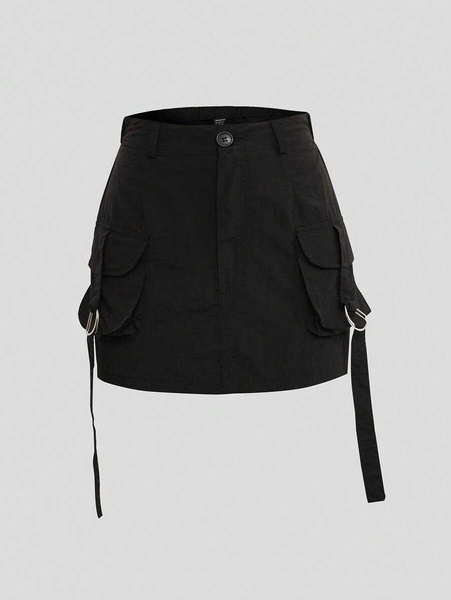 SHEIN Unity Falda de estilo punk para mujer, de unicolor y con bolsillo grande - Negro - Ver 1