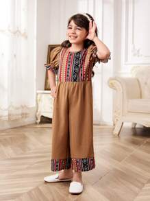 Bộ áo liền quần tay phồng dệt kim màu trơn cho cô gái trẻ có in họa tiết hình học và vừa vặn - Màu Khaki - Xem 3