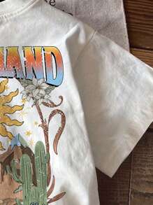 SHEIN Young Girl Casual Cartoon Landscape Print Short Sleeve T-Shirt, Suitable For Summer, Made Of Cotton