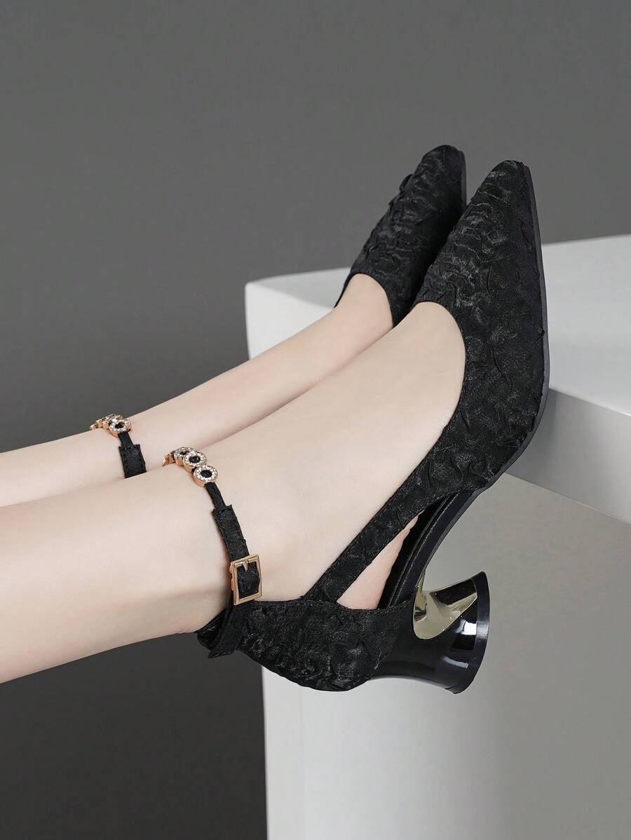 2025秋冬季高跟鞋，粗跟，低鞋面，水钻搭扣，情人节款，优雅，女士浅口鞋，优雅 - 黑色 - 查看 1