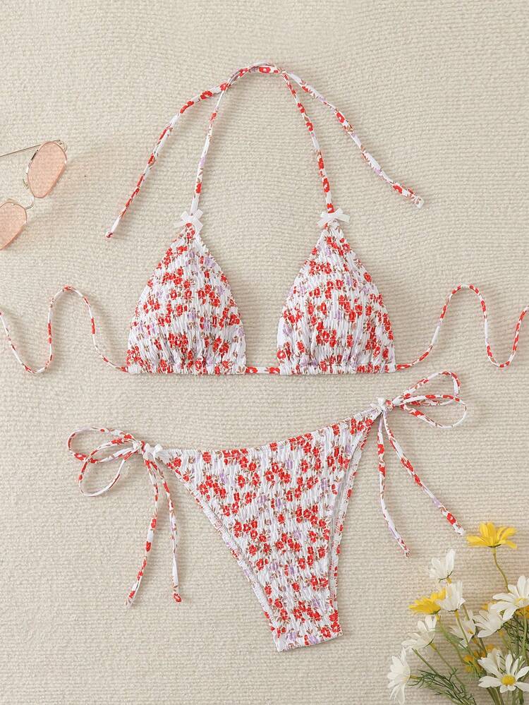 Women's Ditsy Floral Halter Neck Sexy Bikini Set For Vacation, Random Print Summer