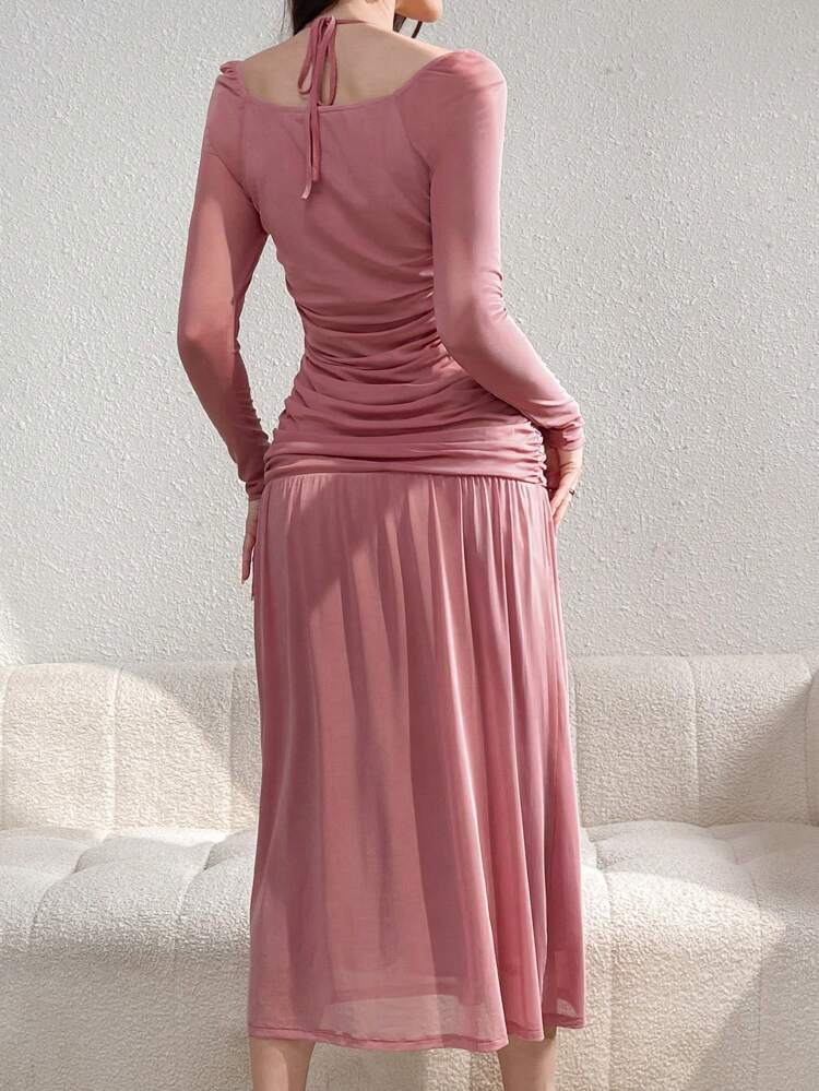 Ladies' Solid Color Simple Daily Wear Bodycon Dress With Pleated Design Long Evening Dresses