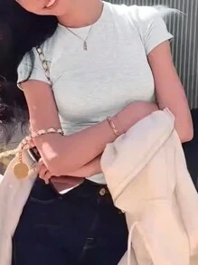 INAWLY Áo thun nữ tay ngắn cổ tròn màu trơn cho mùa hè - Xám - Xem 3