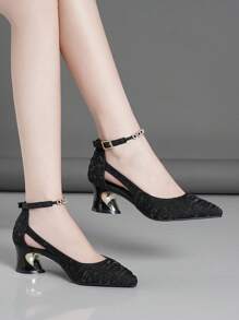 2025秋冬季高跟鞋，粗跟，低鞋面，水钻搭扣，情人节款，优雅，女士浅口鞋，优雅 - 黑色 - 查看 2