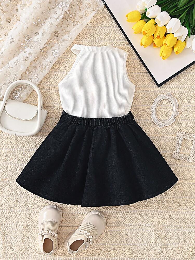 Baby Girl Summer Casual Solid Color Asymmetrical Collar Top + Denim Effect Pleated Skirt Set