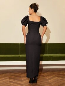 Square Neck Puff Sleeve High Slit Dress For Women - Black - View 2