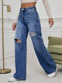 Casual Washed Ripped Straight Leg Jeans