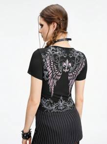 ROMWE Grunge Punk 休閒黑/粉對比色翼設計復古風格鑲鑽葡萄藤植物葉紋修身女t恤 - 黑色 - 查看 1