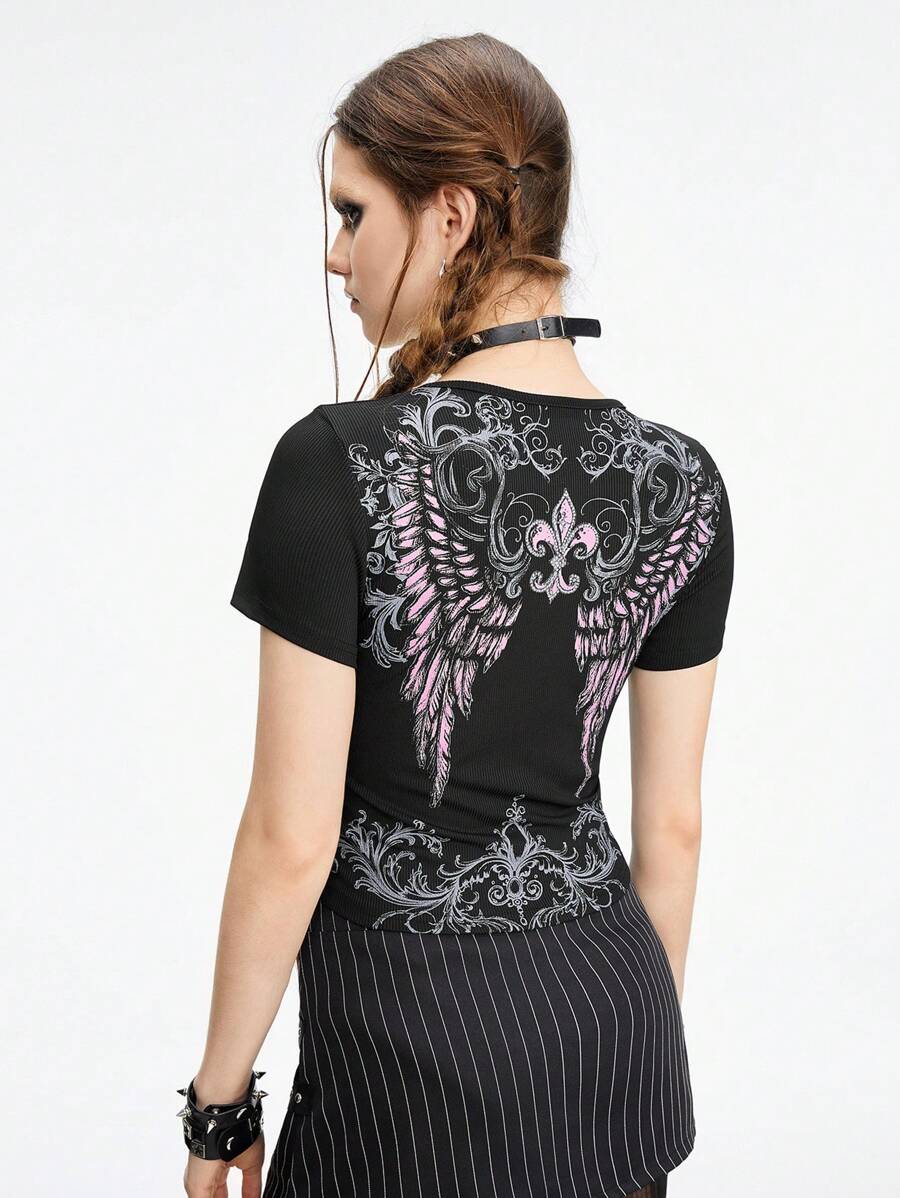 ROMWE Grunge Punk 休閒黑/粉對比色翼設計復古風格鑲鑽葡萄藤植物葉紋修身女t恤 - 黑色 - 查看 1