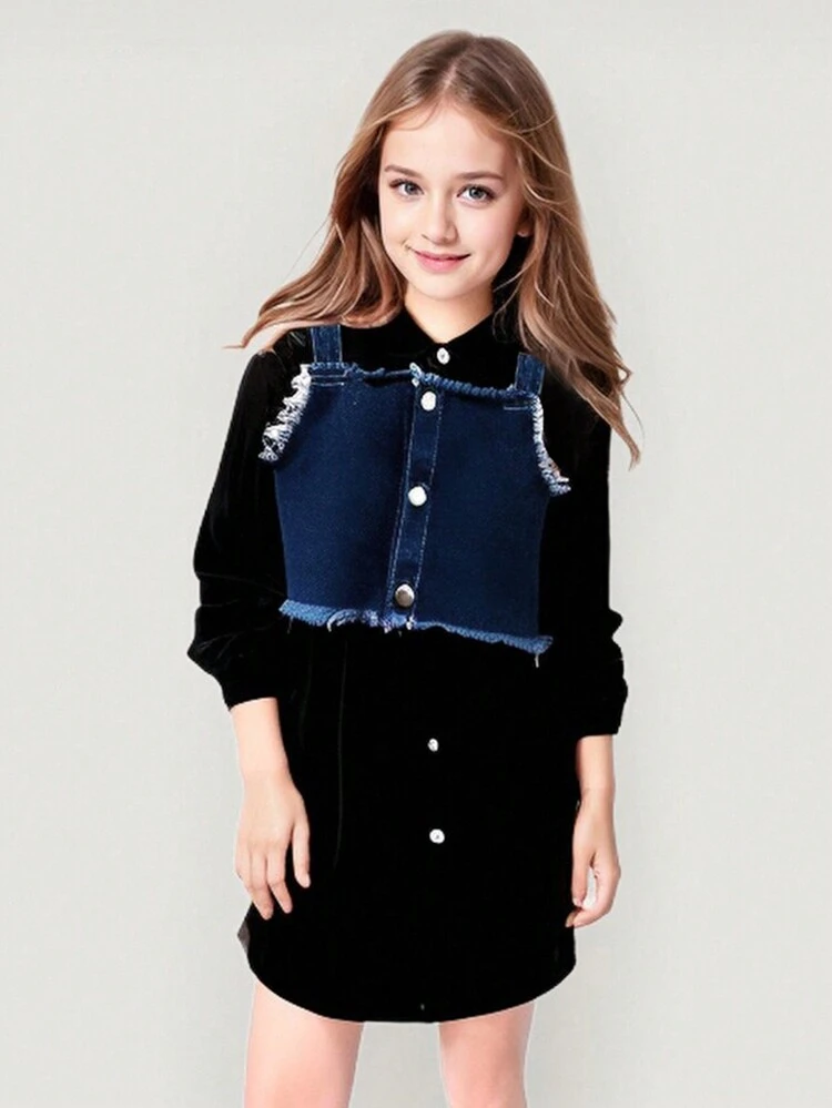 Tween Girl Single Breasted Frayed Edge Denim Vest With Solid Color Long Sleeve Dress, 2pcs/Set