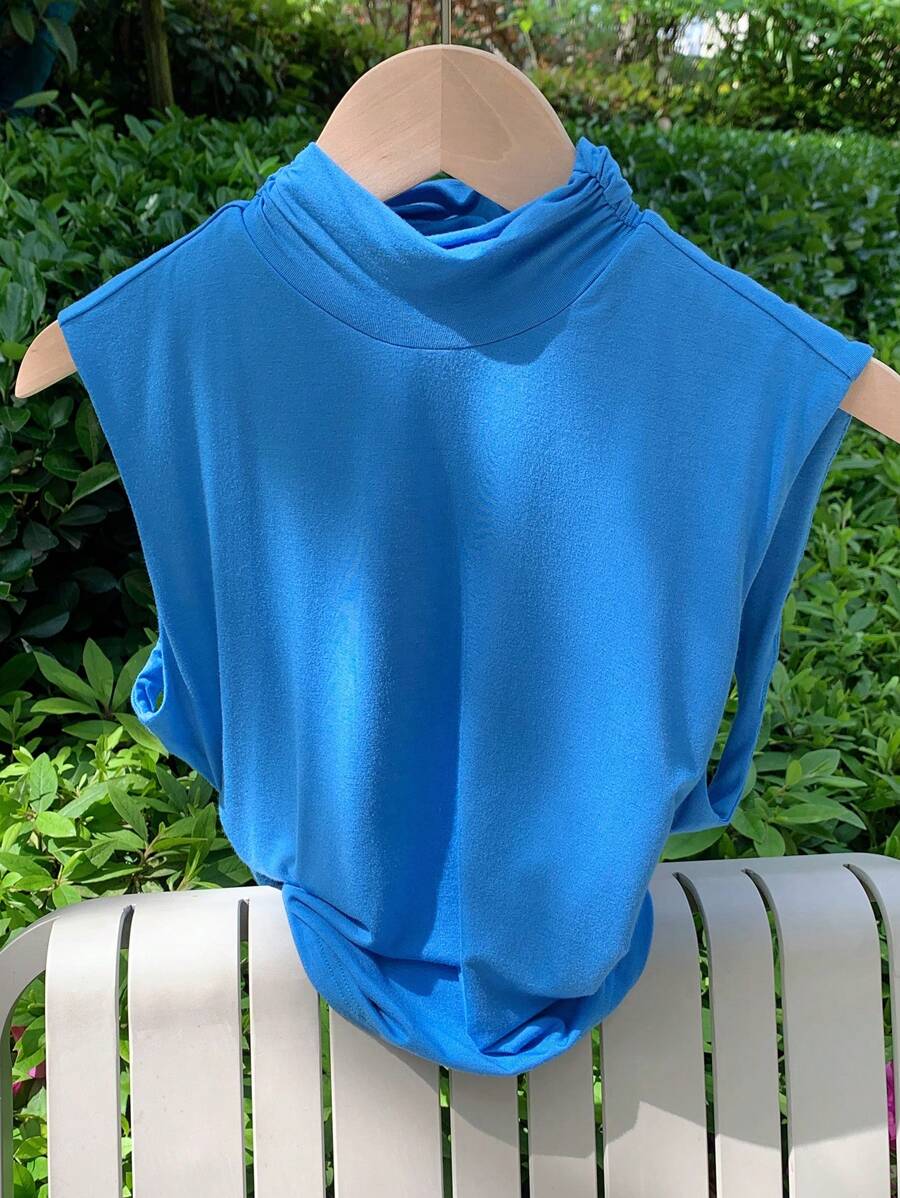 SHEIN EZwear Summer Simple Blue Knitted High Neck Pleated Open Back Sleeveless Top - Blue - View 1