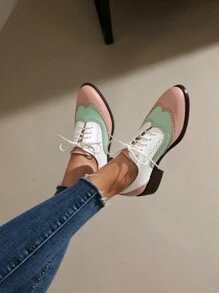 Women's Flat Oxfords, Vintage Style Leather Shoes With Lace-Up, Color Block Brogue Shoes