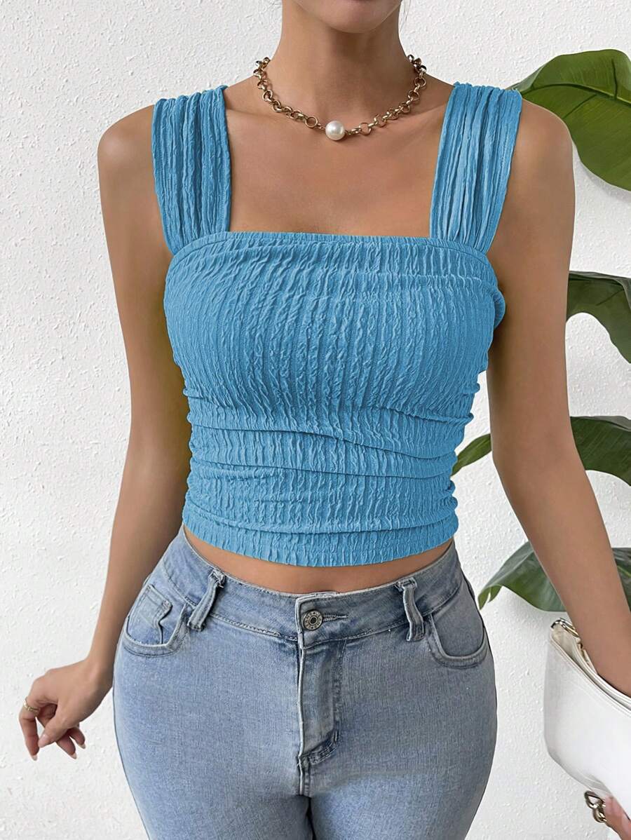 Chiquease Top ajustado de unicolor para mujeres con tirantes anchos para verano - Azul - Ver 1