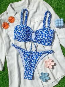 Swim Mod Women Bikini Sets Kolor Frill Bunga Plants bunga ditsy All Over Print Random Print Lucu - Biru - View 1