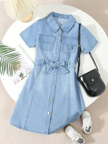 SHEIN Tween Girl Casual And Comfortable Denim Dress - Light Wash - View 1