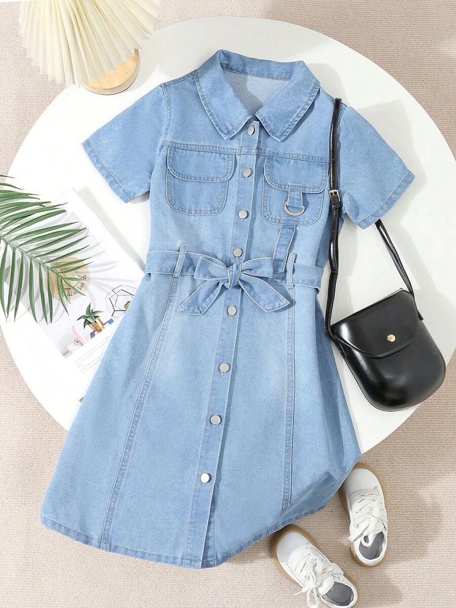 SHEIN Tween Girl Casual And Comfortable Denim Dress - Light Wash - View 1