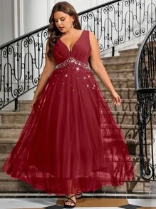 Cravure Váy không tay thời trang cỡ lớn có trang trí đá Rhinestone cho mùa hè năm mới Quần áo Maxi cho phụ nữ Trang phục cưới - Đỏ - Xem 6