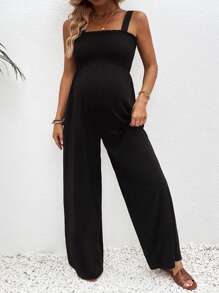 SHEIN Maternity Vacation Casual Solid Color High Waist Jumpsuit With Shoulder Straps - الأسود - مشاهدة 3