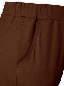 Plus Size Women Casual 3/4 Solid Color Drawstring Pocket Pants - Brown - View 5
