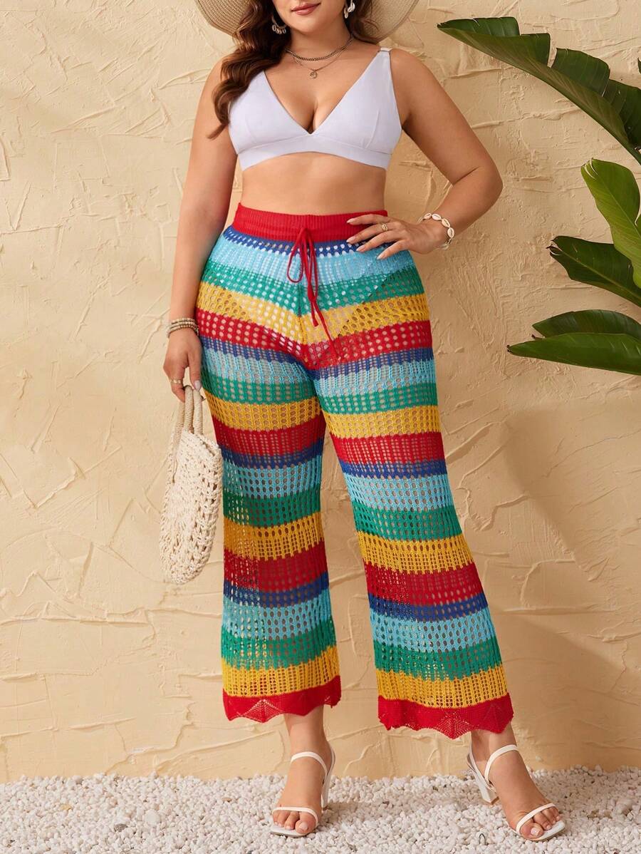 SHEIN Swim Curve Plus Size Women Colorful Pleated Hollow Out Cover-Up Summer - Multicolor - View 1