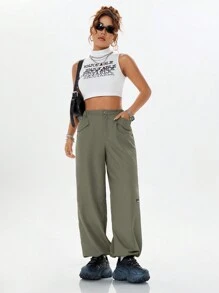SHEIN EZwear Women's Casual Jogger Pants With Pockets And Elastic Cuffs, Solid Color - Army Green - View 5