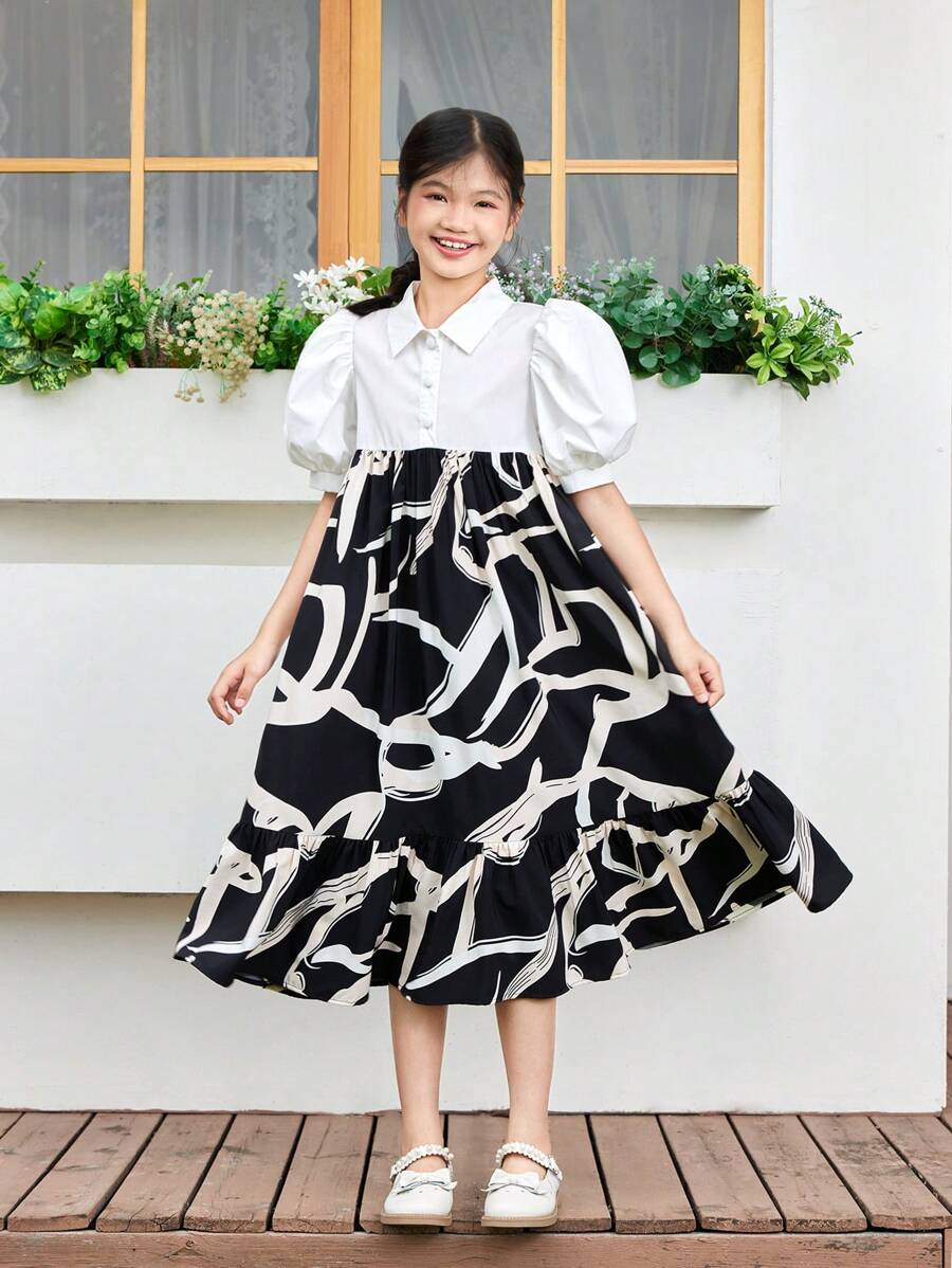 SHEIN 少女組合休閒幾何圖案拼色短袖襯衫裙 - 黑與白 - 查看 1