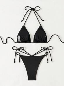 SHEIN Swim 海滩度假纯色比基尼两件套泳衣 - 黑色 - 查看 7