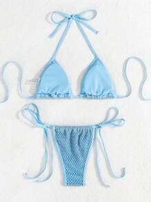 SHEIN Swim Women's Solid Color Halter Neck Strap Sexy Bikini Set For Vacation, Two-Piece,Summer Beach - Blue - View 2