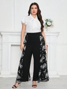 Modelyn Women's Plus Size Simple Flower Print Long Pants - Black - View 4