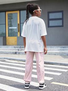 SHEIN Tween Girl Loose Round Neck Short Sleeve Letter T-Shirt And Drawstring Long Pants Casual 2pcs Outfit