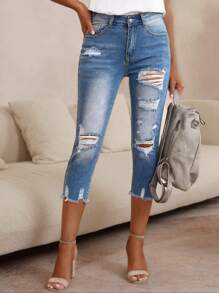Ladies' Skinny Distressed Denim Capris - Medium Wash - View 7