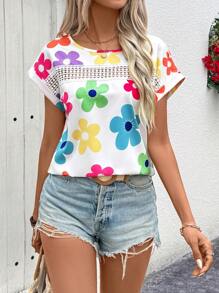 EMERY ROSE Summer Women Round Neck Hollow Out Floral Print Shirt (Random Cut Pattern)