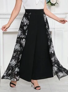 Modelyn Women's Plus Size Simple Flower Print Long Pants - Black - View 2