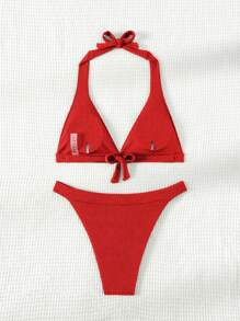 SHEIN Swim Conjunto de bikini de unicolor, separado, para playa de verano - Rojo - Ver 5