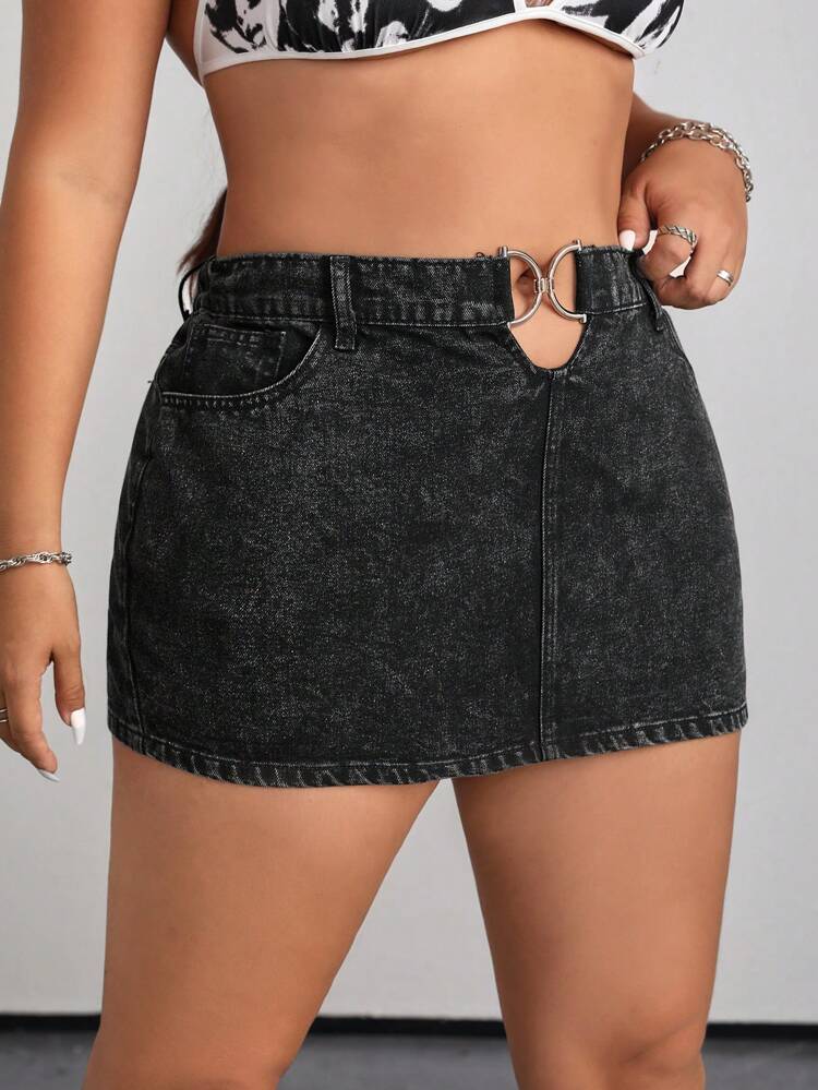Plus Size Denim Mini Skirt, Low Waist Slim Fit Stretchy Pencil Skirt, Dark Grey