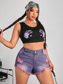 SHEIN ICON Plus Size Women Denim Shorts Sexy Street Style Purple Ripped Hot Pants - Mauve Purple - View 1